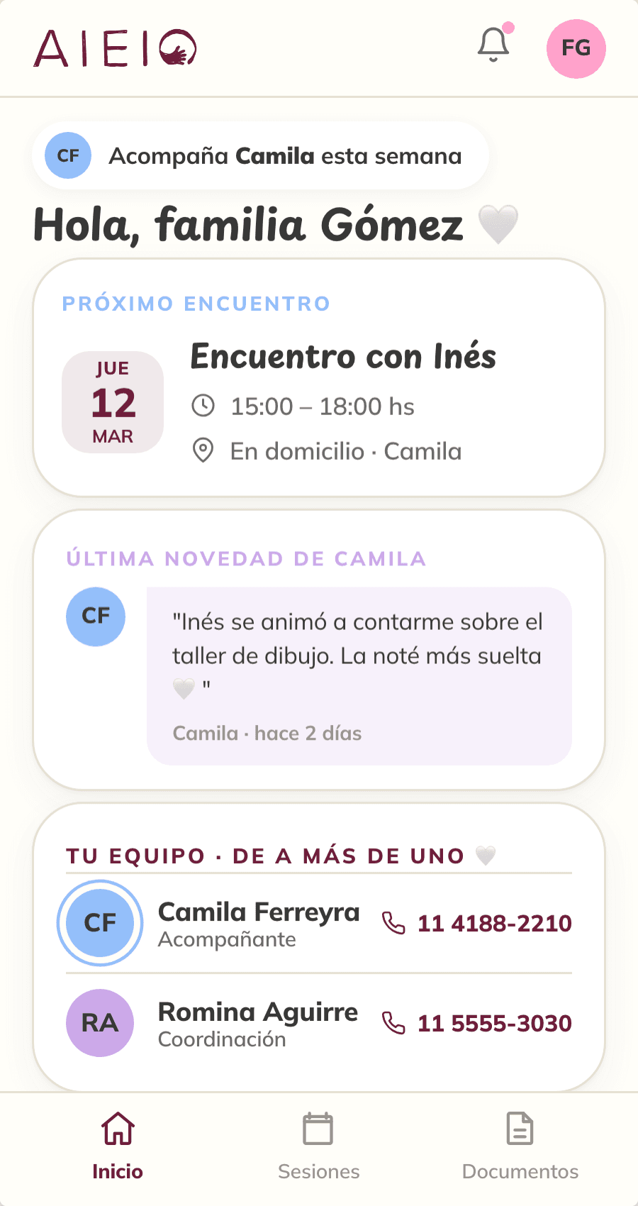 Pantalla de inicio del portal de la familia en el celular, con el próximo encuentro, la última novedad del acompañante y el equipo del caso