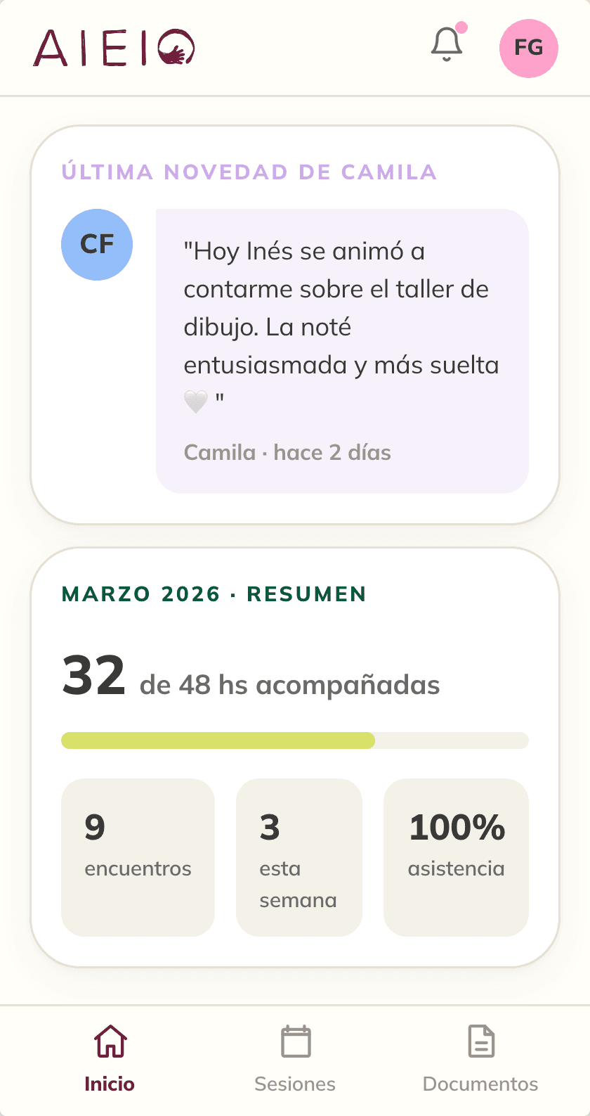 Pantalla de inicio del portal de la familia en el celular, con la última novedad del acompañante y el resumen del mes