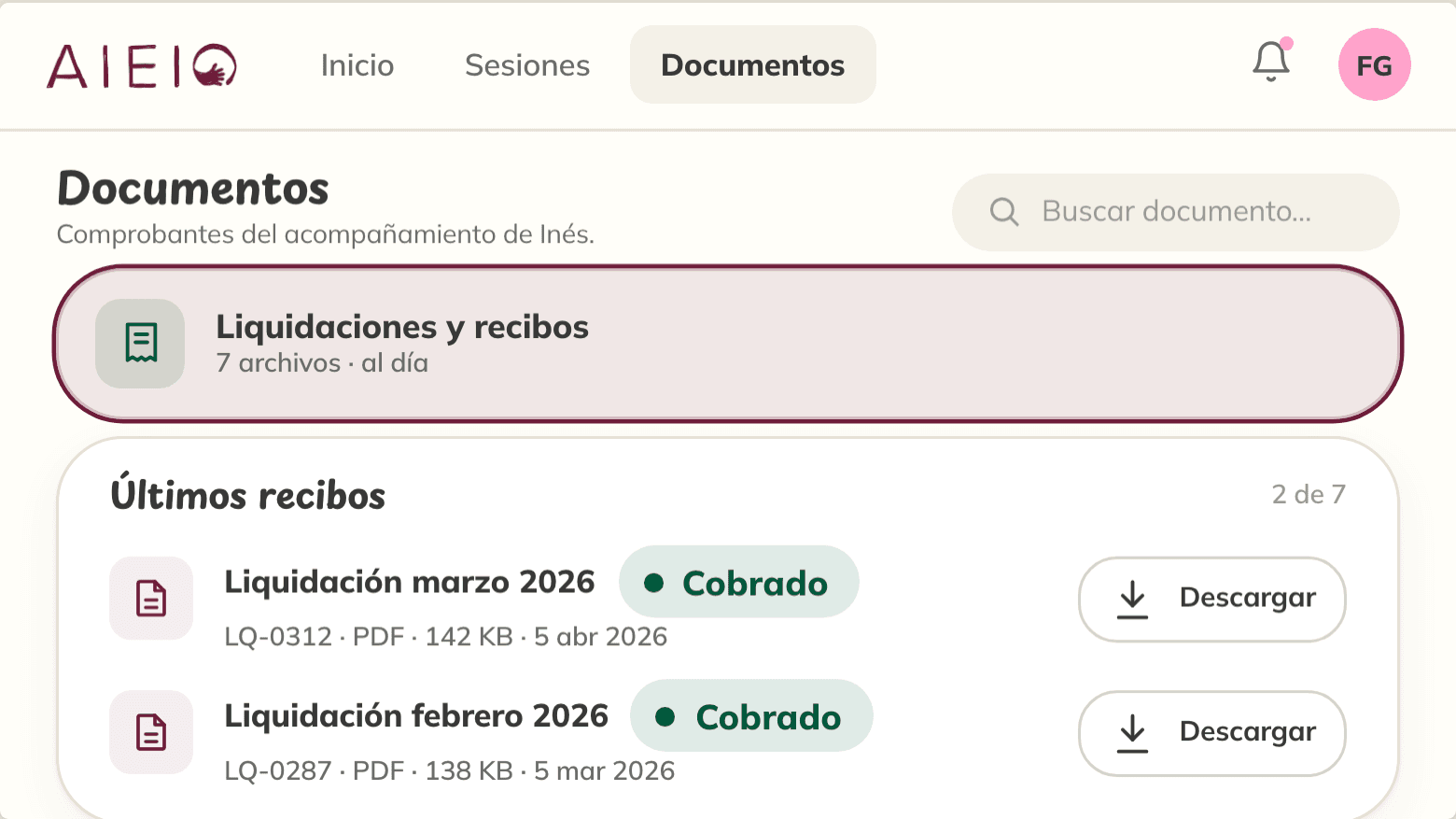 Vista de documentos del portal de la familia, con la carpeta de liquidaciones y recibos y el listado de los últimos comprobantes